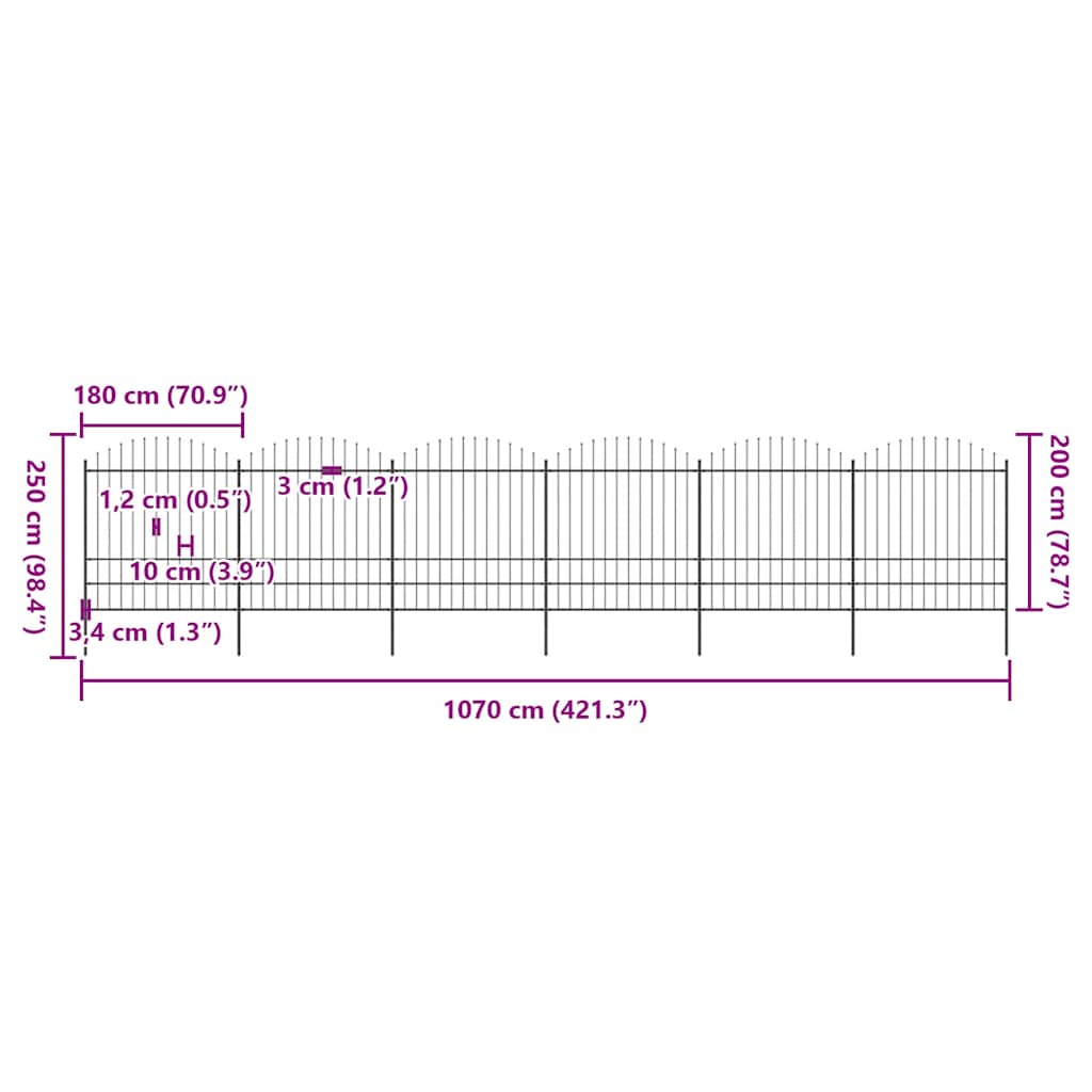 Recinzione da Giardino con Punta a Lancia in Acciaio 1070x200 cm Nera