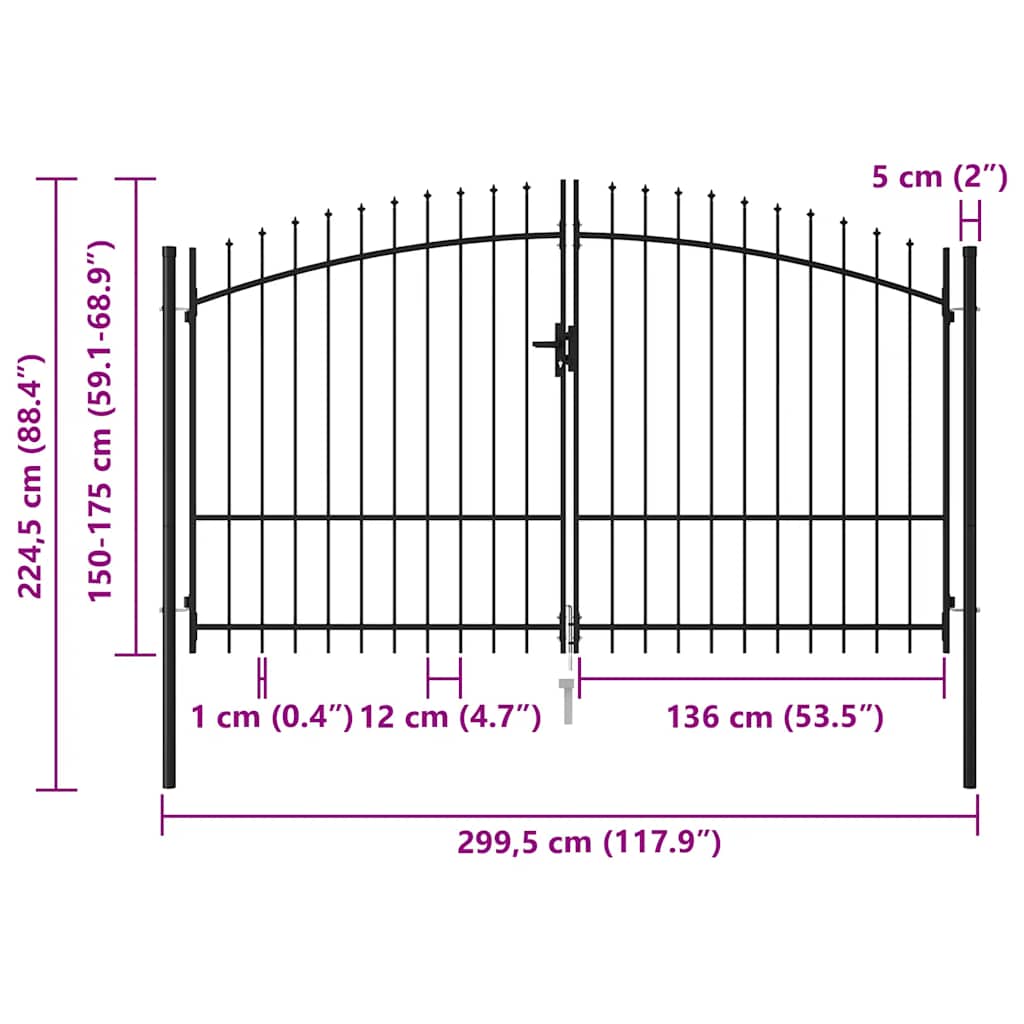 Cancello per recinzione Woerden doppia porta con punta superiore 299,5x224,5 cm nero