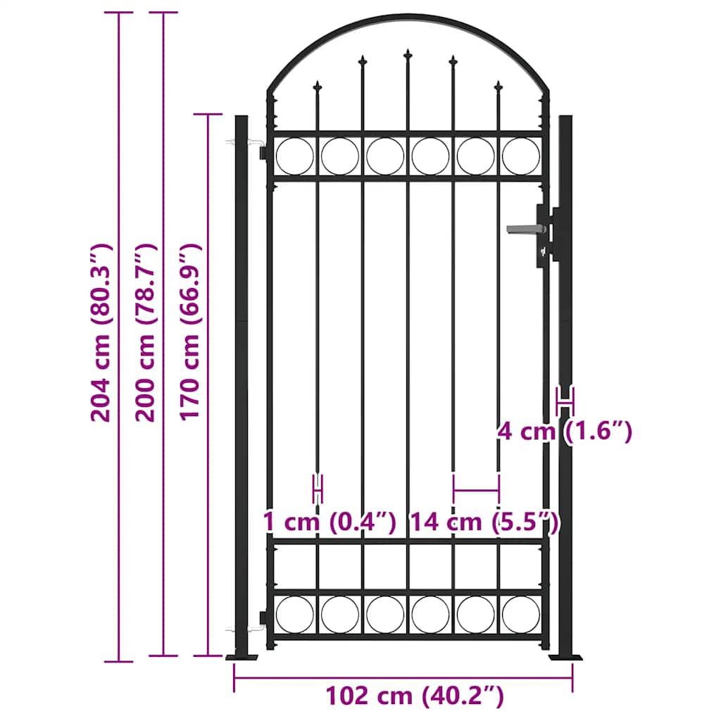 Cancello per recinzione ASSEN con parte superiore ad arco e 2 pali 105x170 cm Nero