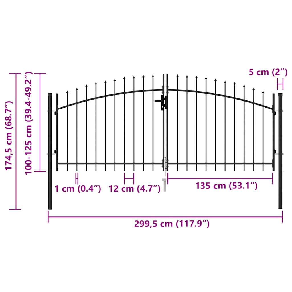 Cancello per recinzione Woerden doppia porta con punta superiore 299,5x174,5 cm nero