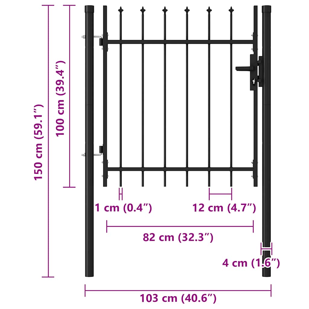 Cancello per recinzione BOXTEL porta singola con punta in acciaio 100x150 cm Nero