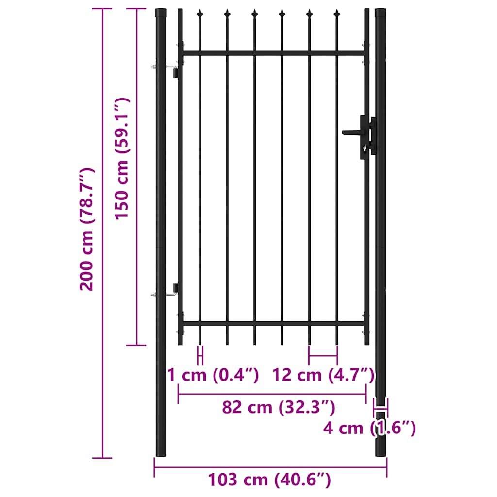 Cancello per recinzione BOXTEL porta singola con punta in acciaio 1x1,5 m Nero