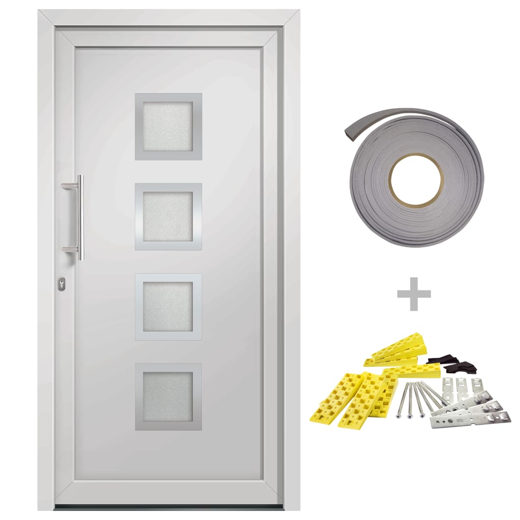 Porta d'ingresso bianca 108x200 cm in PVC con vetri isolanti e serrature a fungo