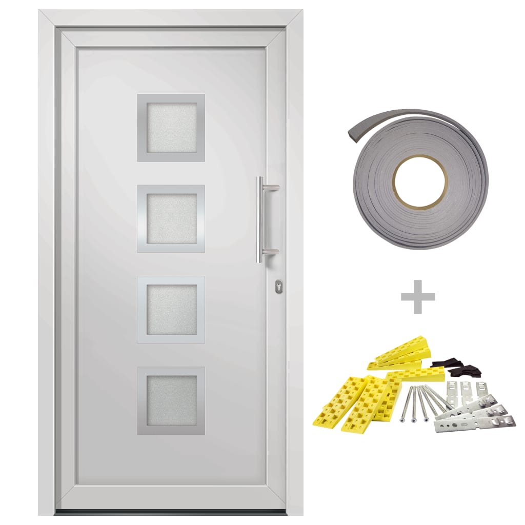 Porta di Ingresso Bianca 98x208 cm in PVC con Vetri Isolanti e Serrature a Fungo