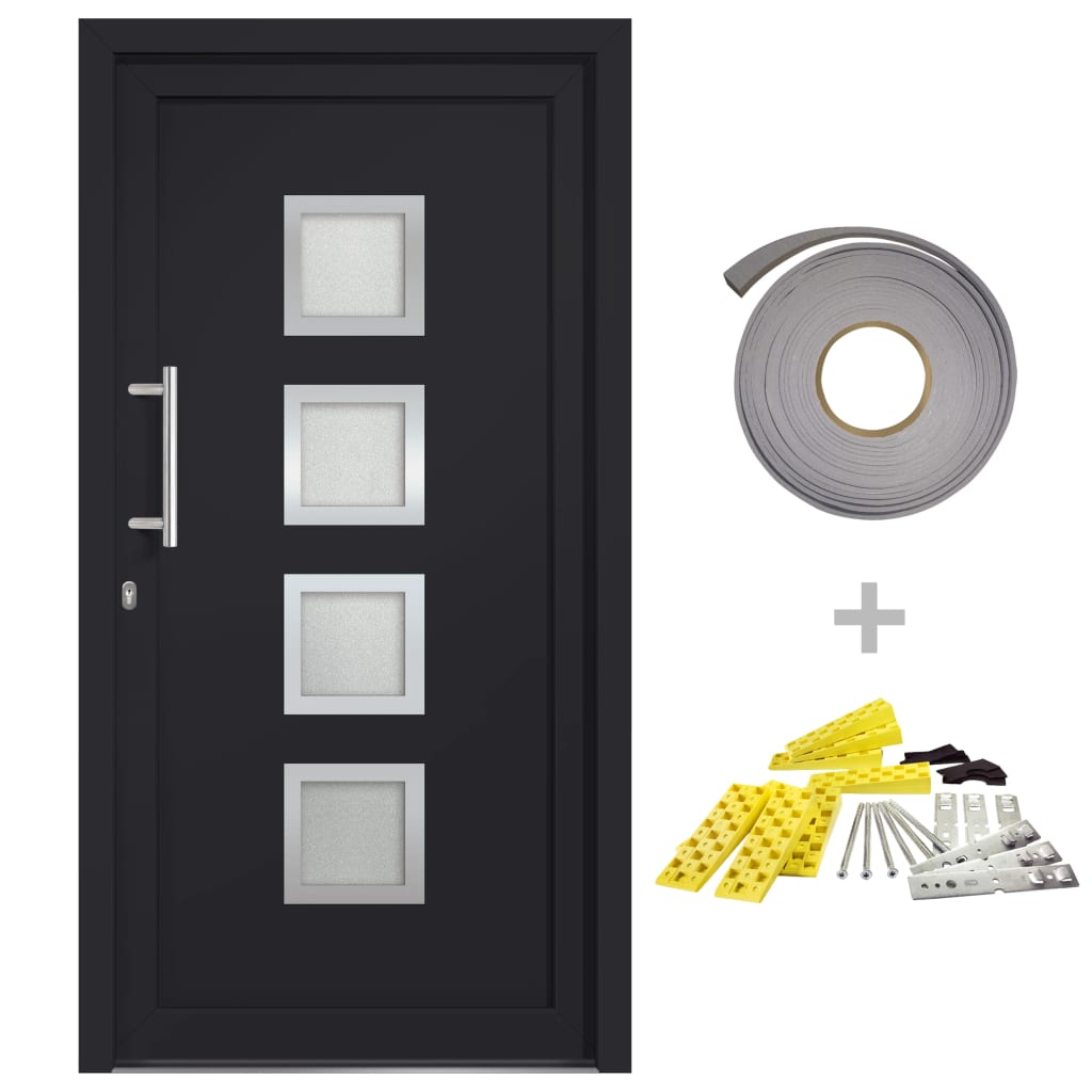 Porta di Ingresso Antracite 98x200 cm - PVC con Vetri Isolanti e Serrature a Fungo
