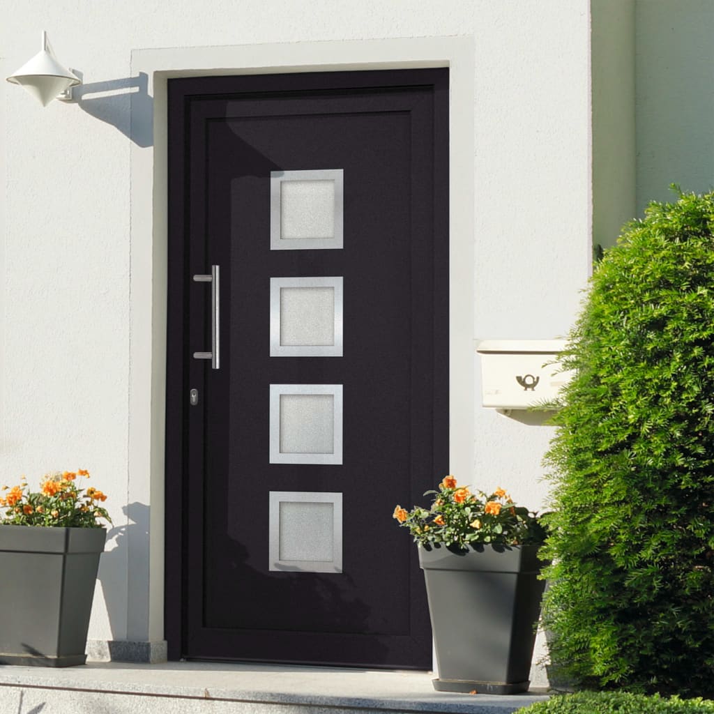 Porta di Ingresso Antracite 98x200 cm - PVC con Vetri Isolanti e Serrature a Fungo