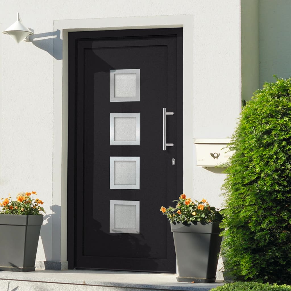 Porta di Ingresso Antracite 88x200 cm - PVC con Vetri Isolanti
