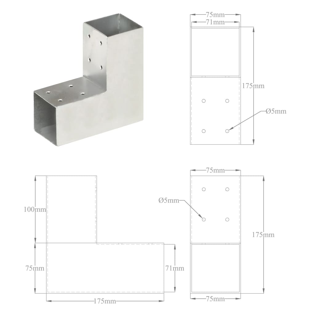 Connettore per Pali a Forma di L in Metallo Zincato 71x71 mm