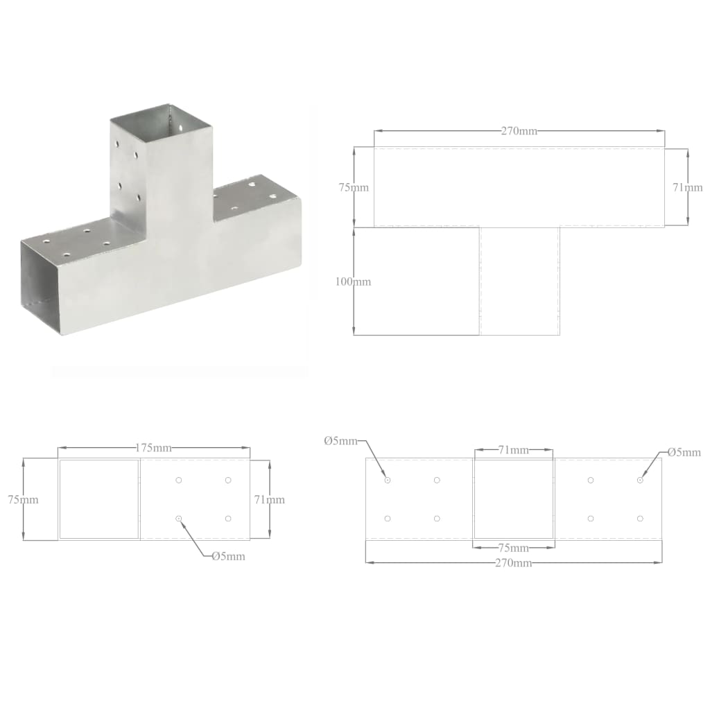 Connettori per Pali a Forma di T 4 pz Metallo Zincato 71x71 mm