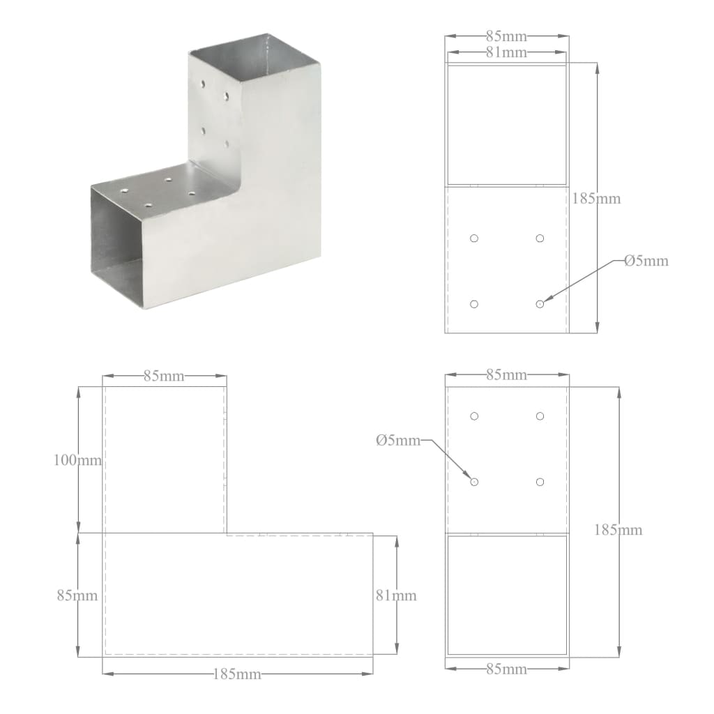 Connettore per Pali a Forma di L in Metallo Zincato 81x81 mm