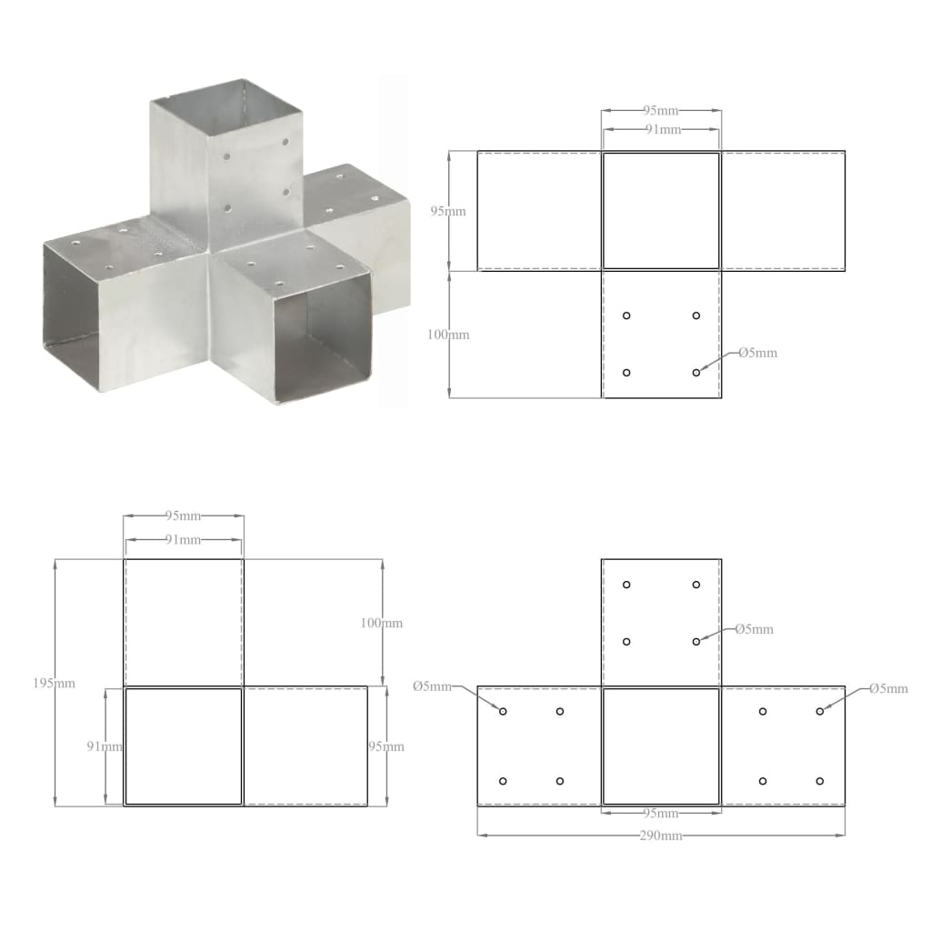 Connettori per Pali a Forma di X 4 pz in Metallo Zincato 91x91 mm