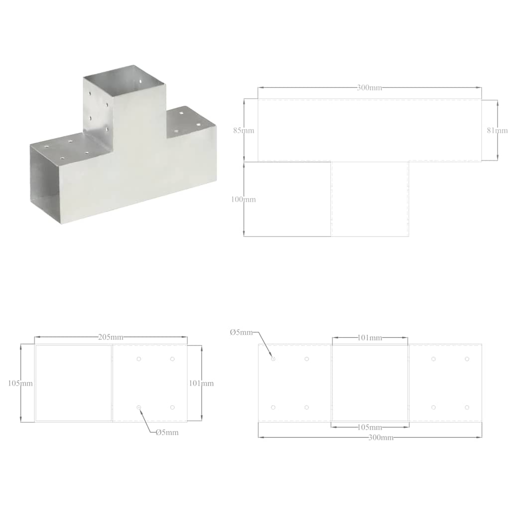 Connettori Pali a Forma di T 4 pz Metallo Zincato 101x101 mm