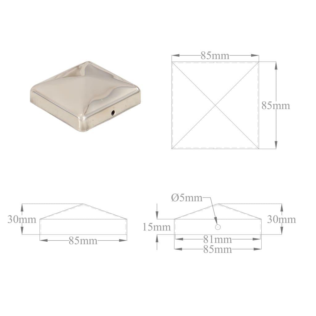 Tappi per Pali a Piramide 6 pz Acciaio Inox 81x81 mm