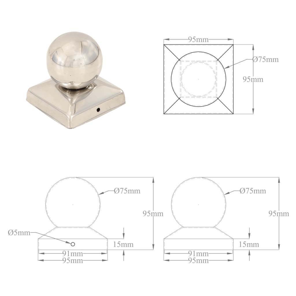 Tappi per Pali 6 pz Estremità a Globo Acciaio Inox 91x91 mm