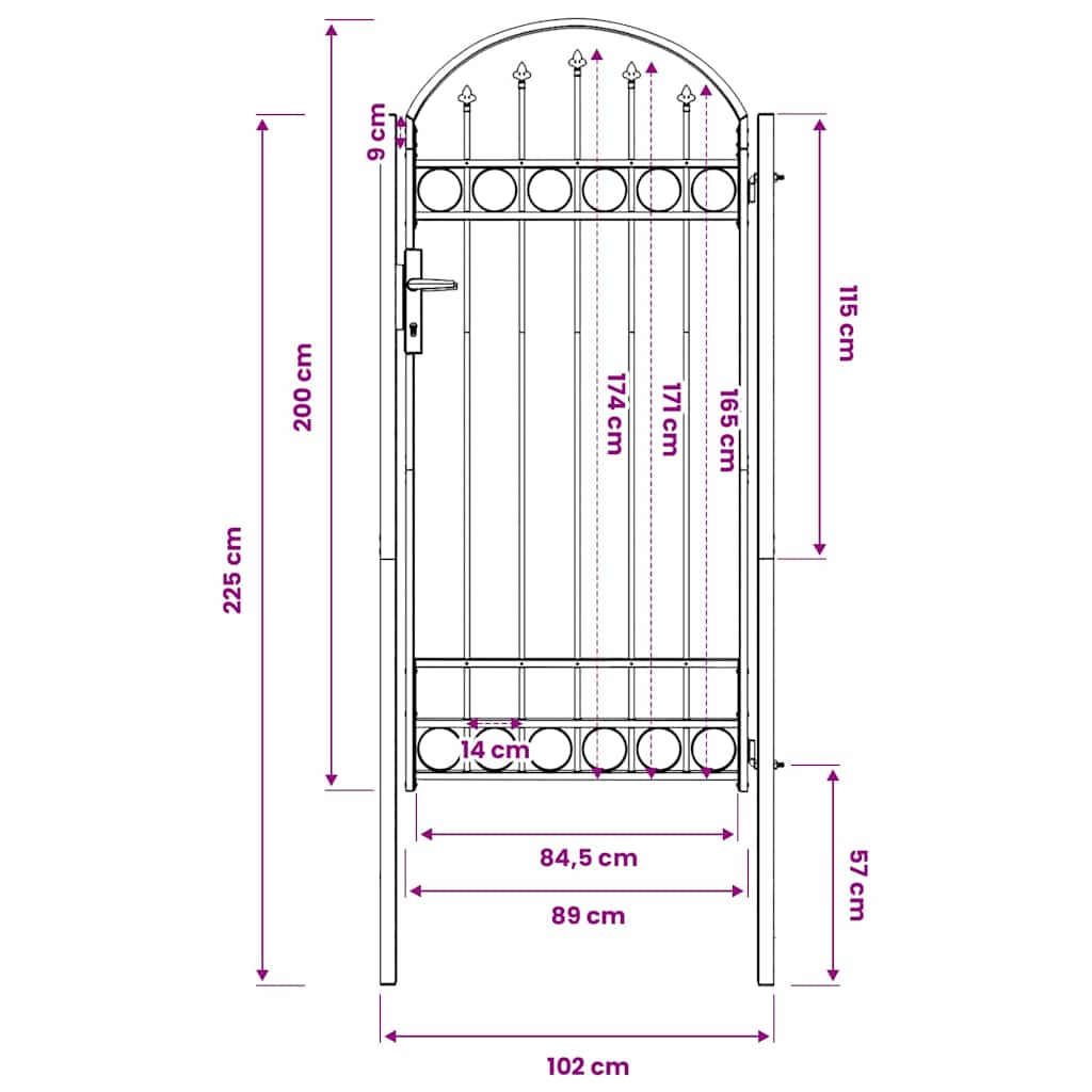 Cancello per recinzione ASSEN con parte superiore ad arco in acciaio 102x200 cm Nero