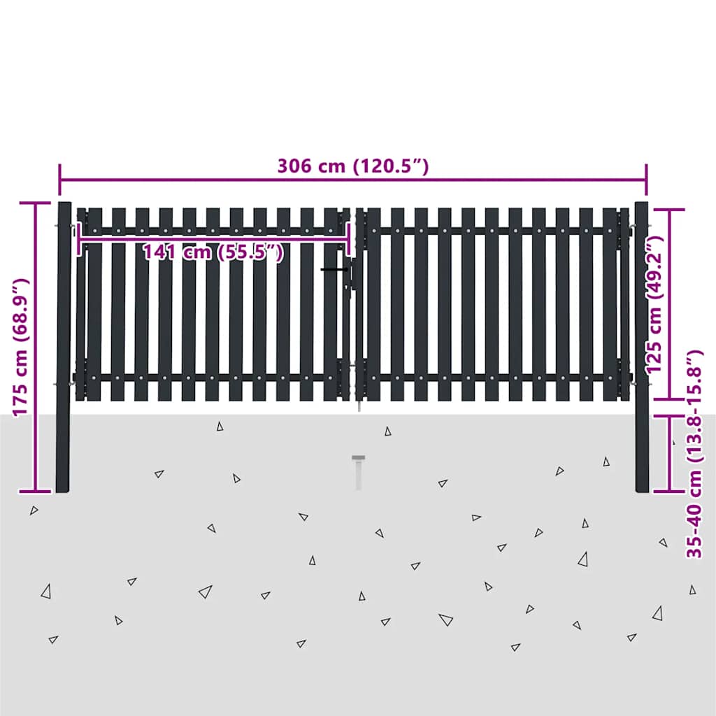 Cancello per Recinzione a Doppia Porta in Acciaio 300x125 cm Antracite