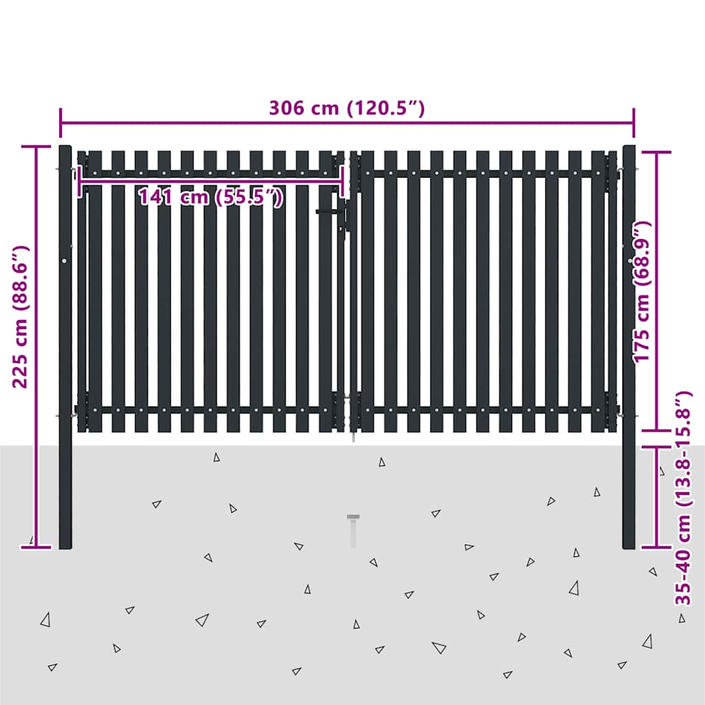 Cancello per Recinzione a Doppia Porta in Acciaio 300x175 cm Antracite