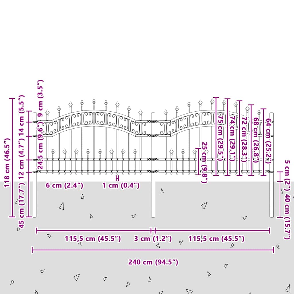 Recinzione da Giardino KAMPEN con Punta a Lancia Nera 240x75 cm in Acciaio