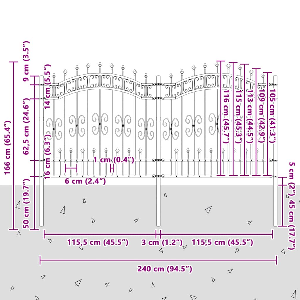 Recinzione da Giardino KAMPEN con Punta a Lancia Nera 240x125 cm in Acciaio Verniciato