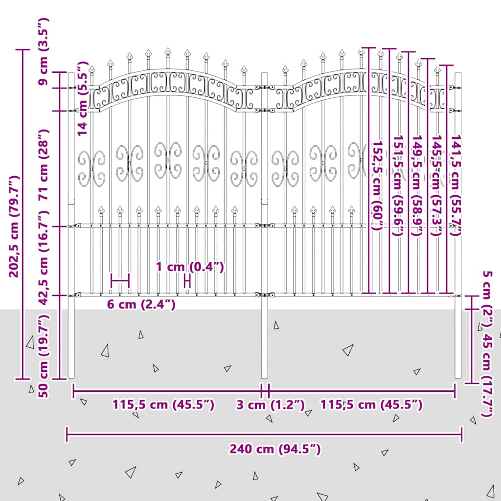Recinzione da Giardino KAMPEN con Punta a Lancia Nera 240x150 cm in Acciaio