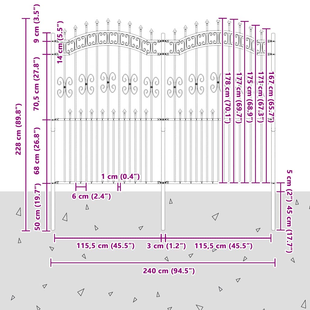Recinzione da giardino KAMPEN con punta a lancia nera 240x175 cm in acciaio verniciato