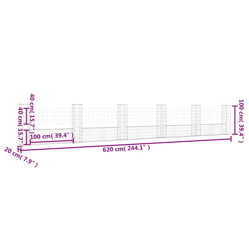 Cesto Gabbione a U con 6 Pali in Ferro 620x20x100 cm