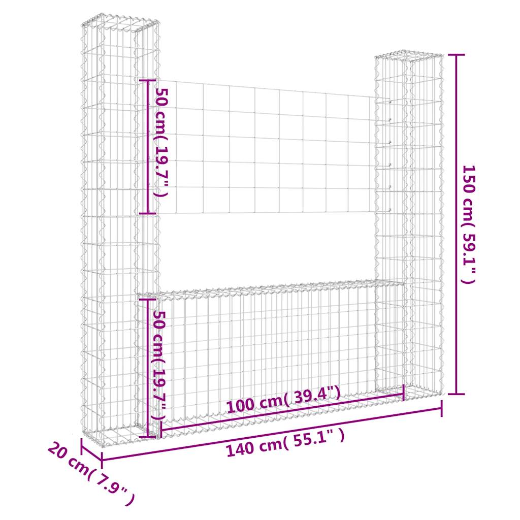 Gabbione a U con 2 Pali in Ferro 140x20x150 cm