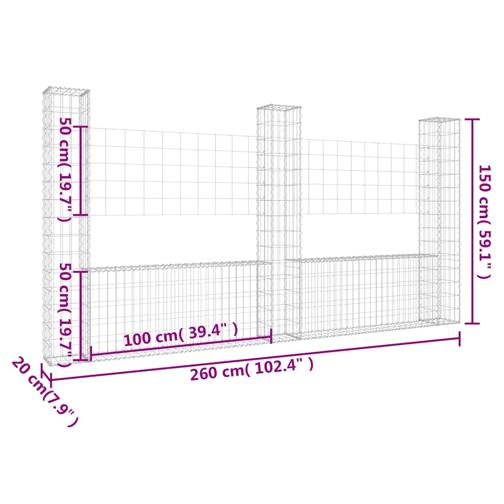 Cesto Gabbione a U con 3 Pali in Ferro 260x20x150 cm