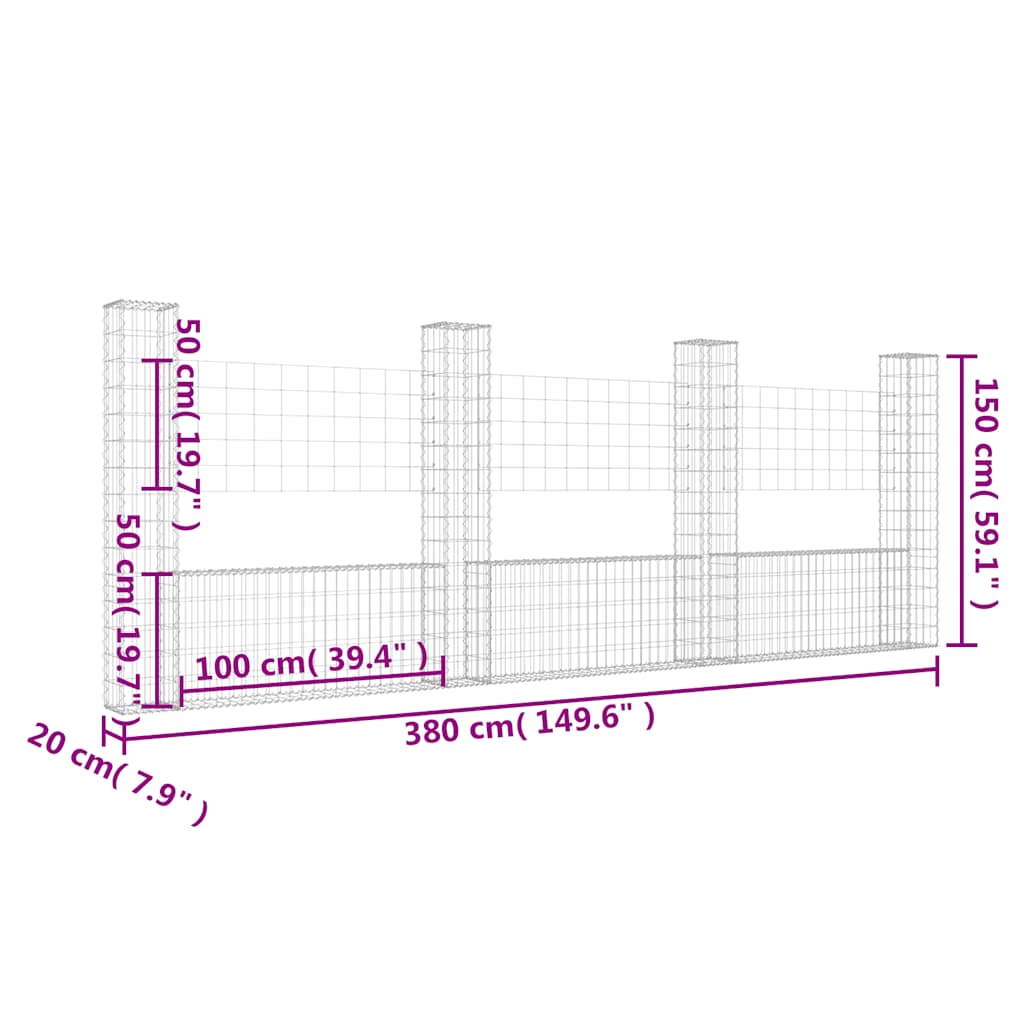 Cesto Gabbione a U con 4 Pali in Ferro 380x20x150 cm