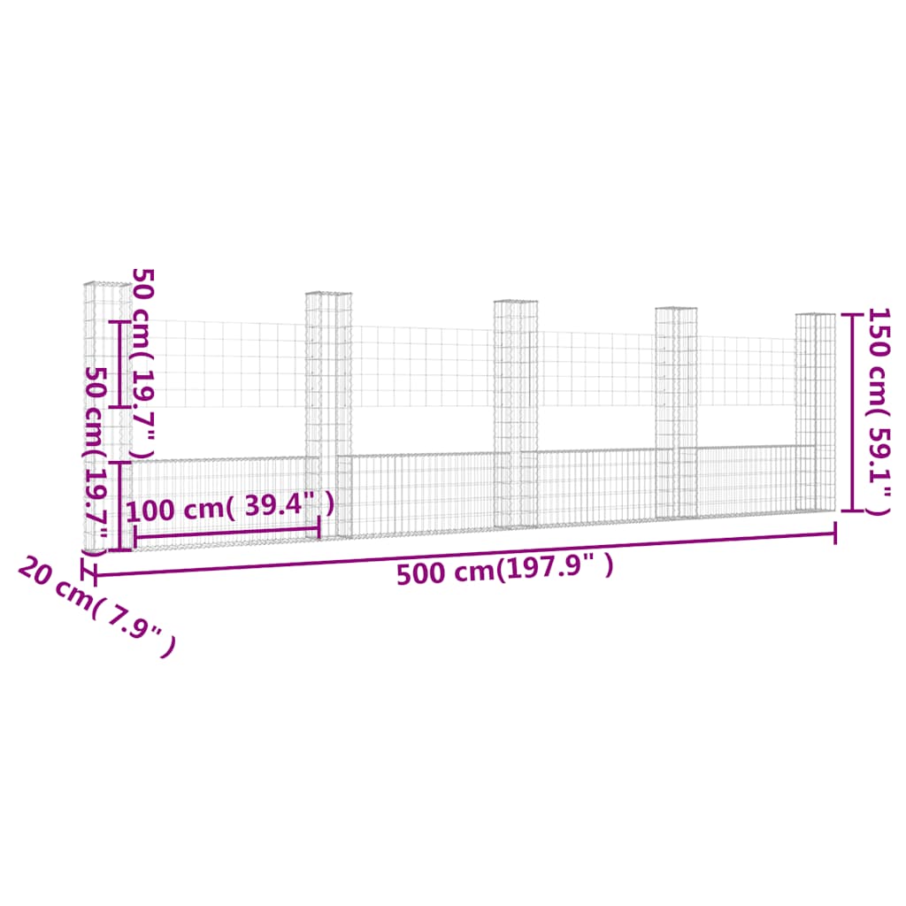 Cesto Gabbione a U con 5 Pali in Ferro 500x20x150 cm