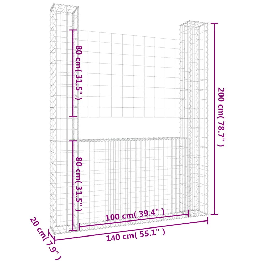 Gabbione a U con 2 Pali in Ferro 140x20x200 cm