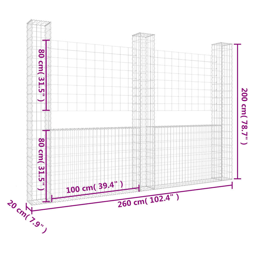 Gabbione a U con 3 Pali in Ferro 260x20x200 cm