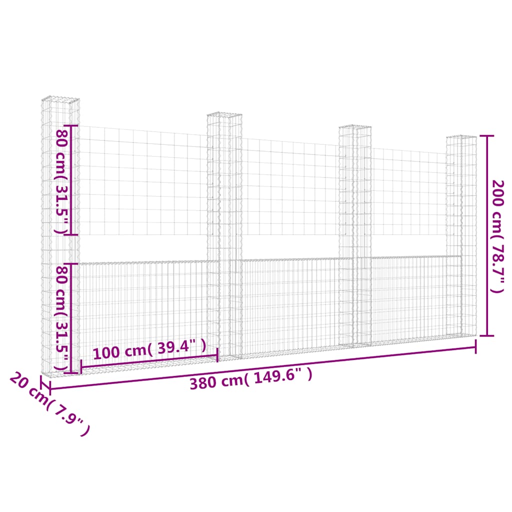 Gabbione a U con 4 Pali in Ferro 380x20x200 cm