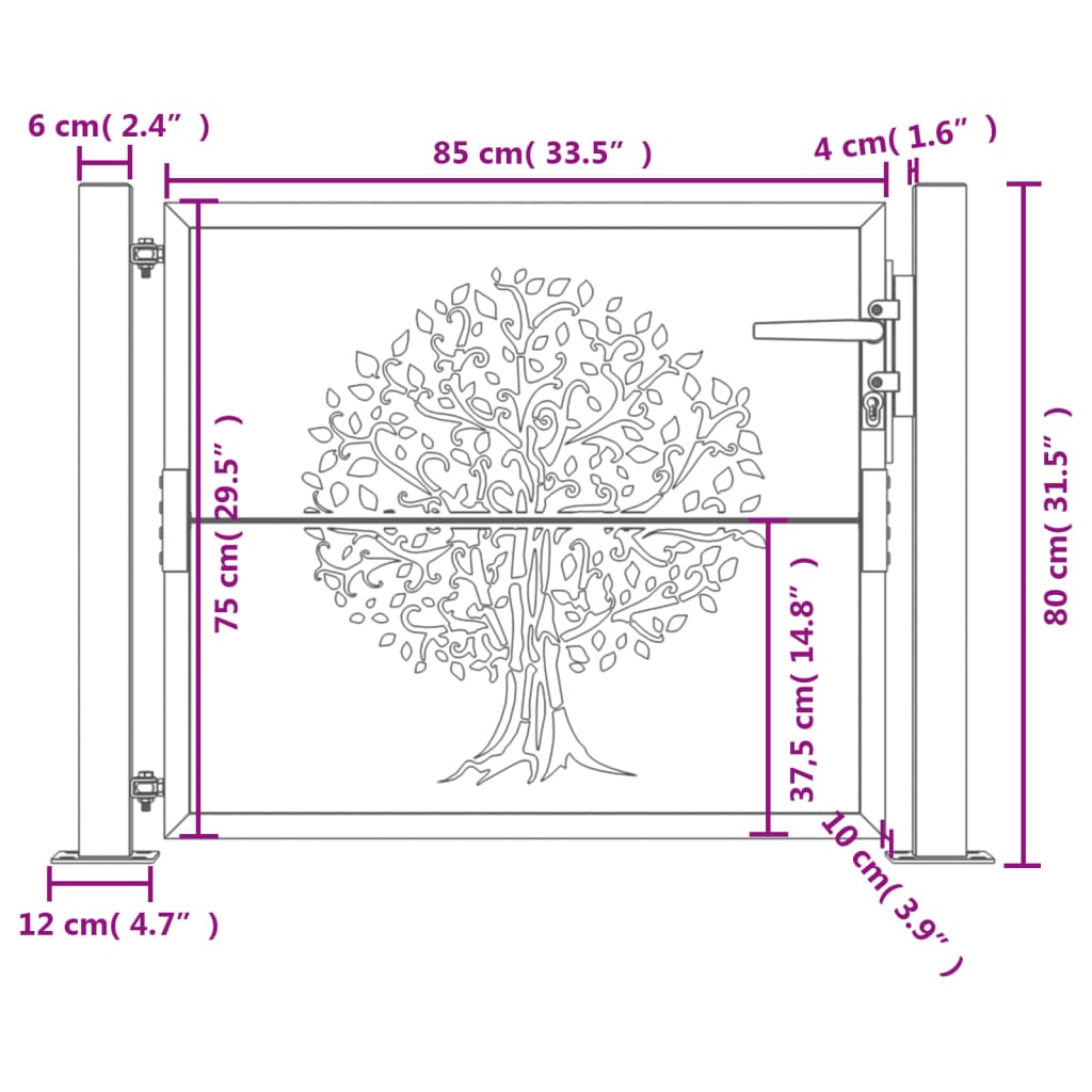 Cancello da giardino antracite 100x75 cm in acciaio con design ad albero