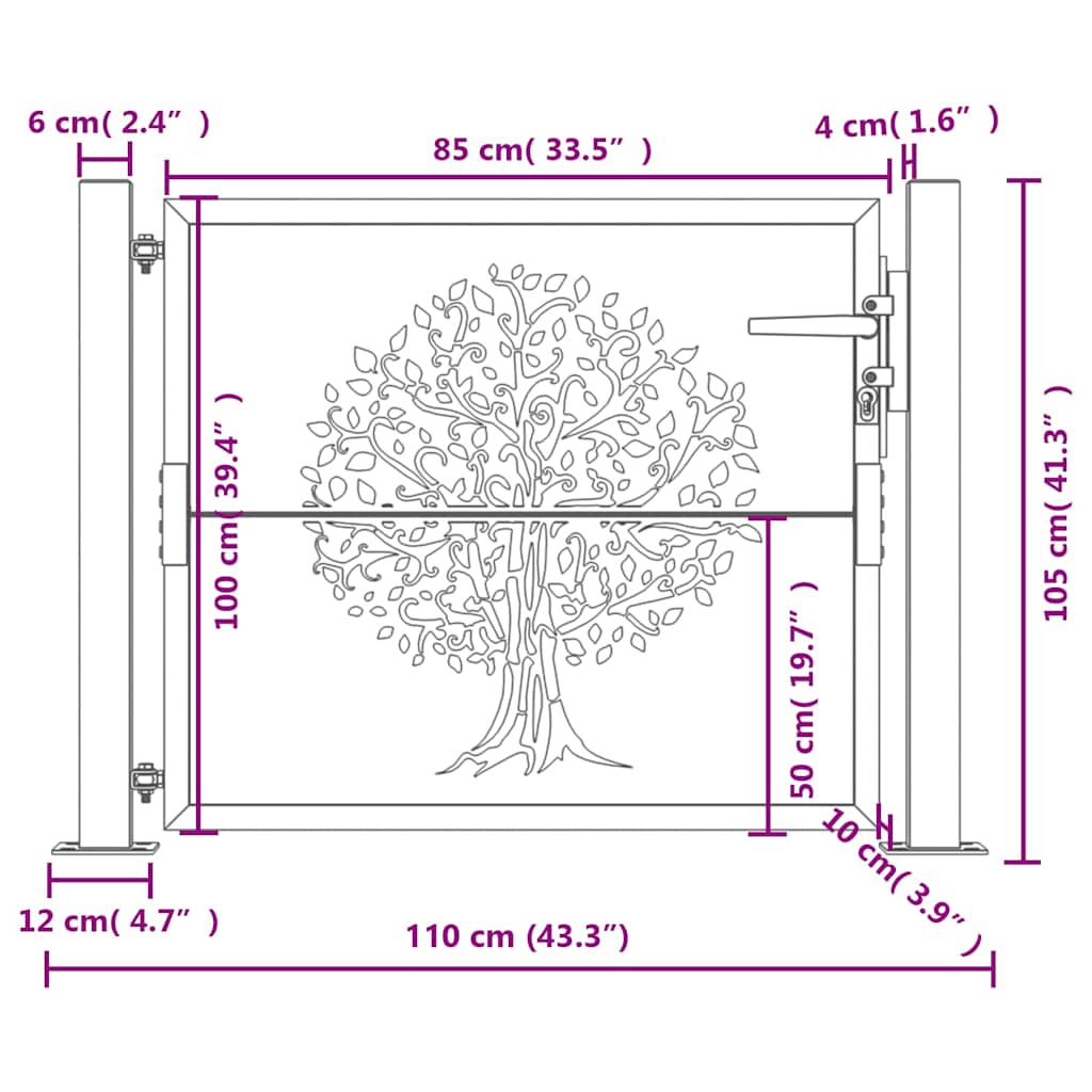 Cancello da giardino antracite 100x100 cm in acciaio con design ad albero