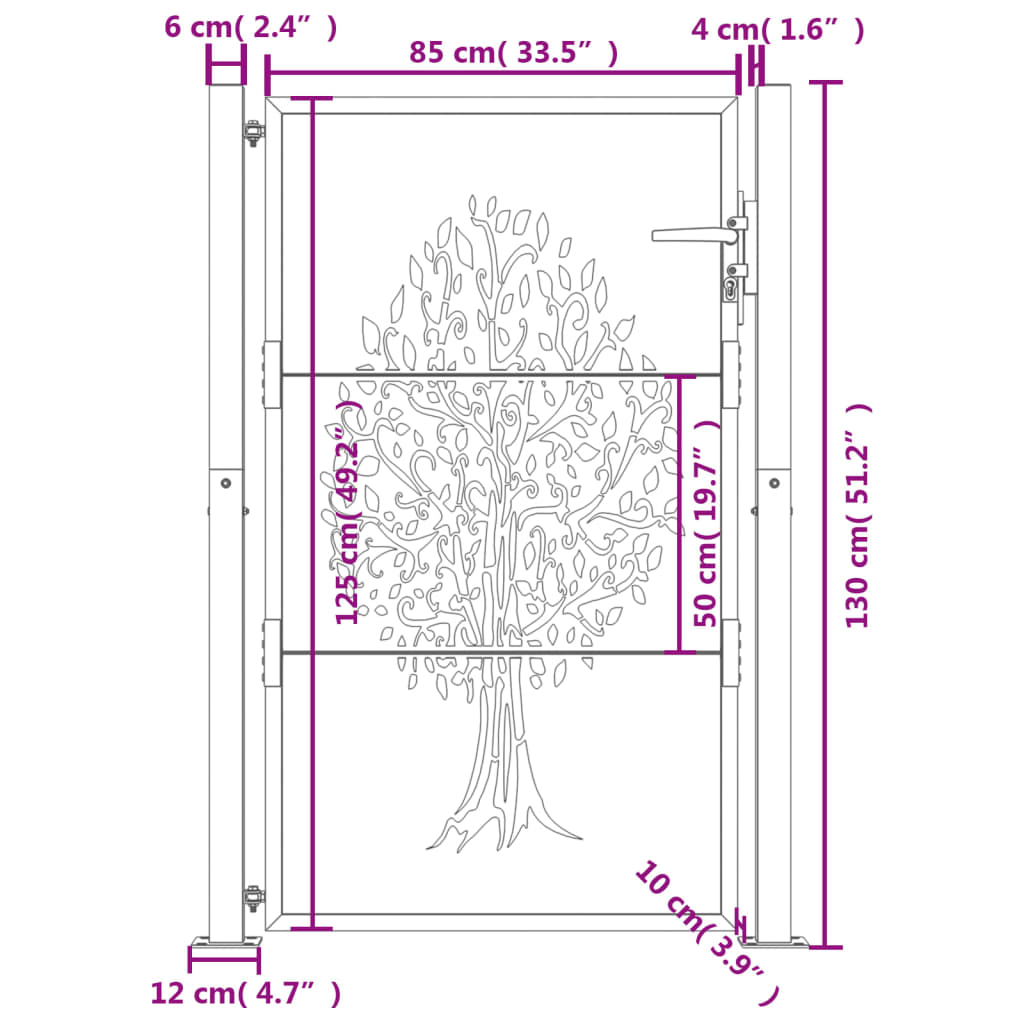 Cancello da giardino antracite 100x125 cm in acciaio con design ad albero