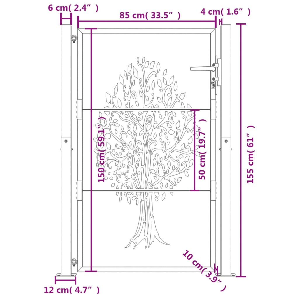 Cancello da giardino antracite 100x150 cm in acciaio con design ad albero