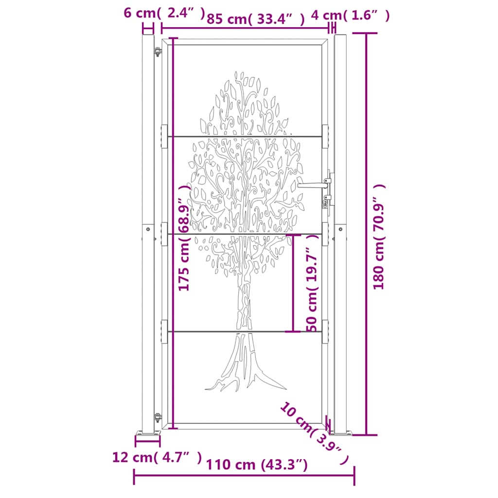 Cancello da giardino antracite 100x175 cm in acciaio con design ad albero
