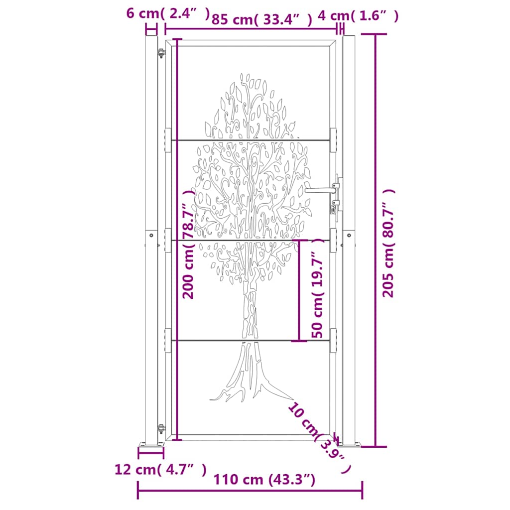 Cancello da giardino antracite 100x200 cm in acciaio con design ad albero