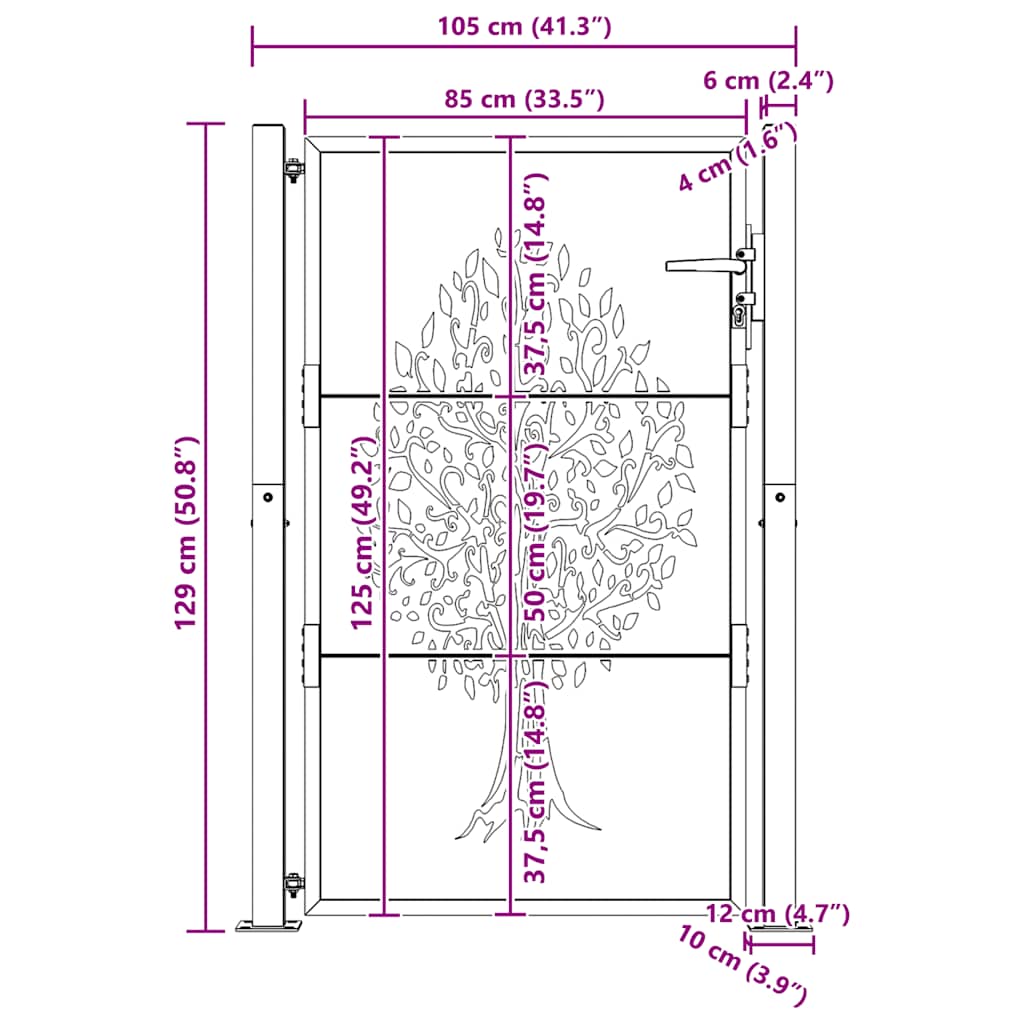 Cancello da giardino 100x125 cm in acciaio Corten con design ad albero