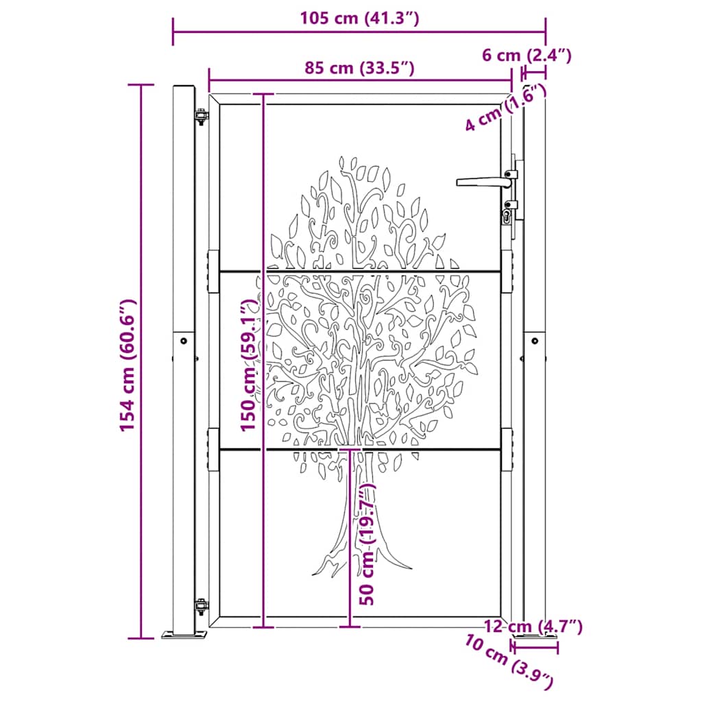 Cancello da giardino 100x150 cm in acciaio Corten con design ad albero