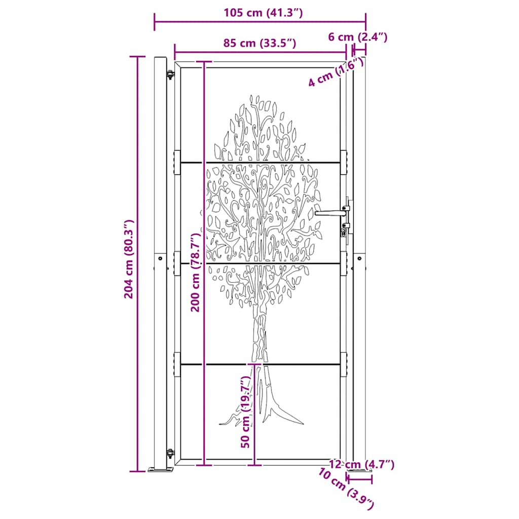 Cancello da giardino 100x200 cm in acciaio Corten con design ad albero