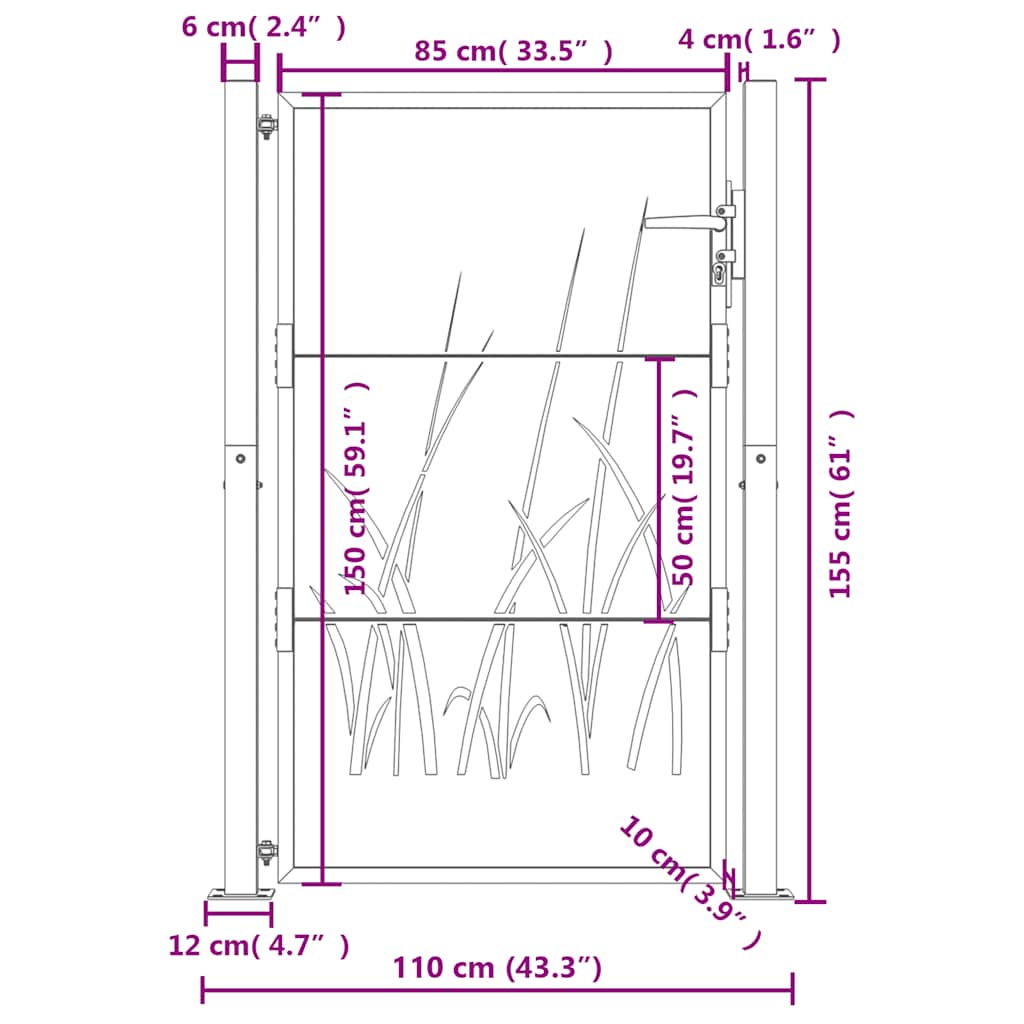 Cancello da giardino antracite 100x150 cm in acciaio design erba