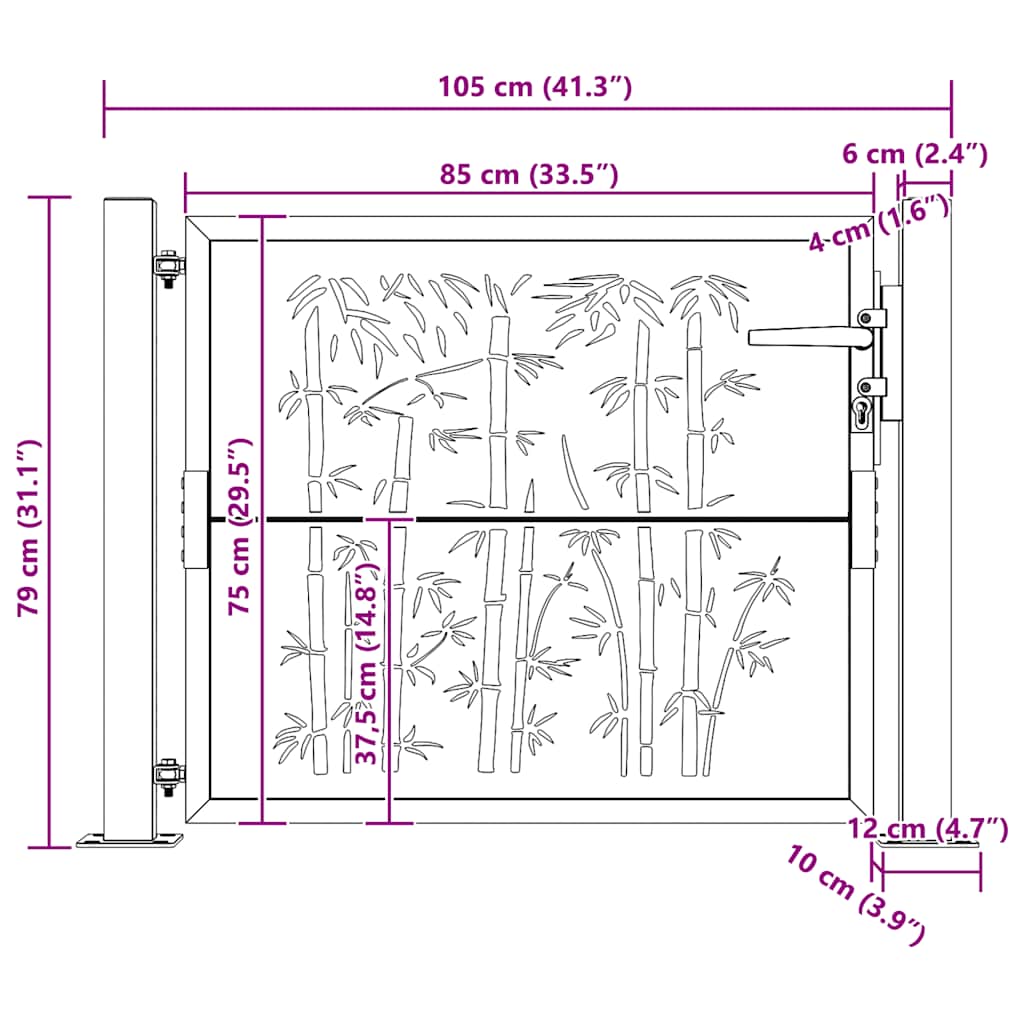 Cancello da giardino 100x75 cm in acciaio Corten con design in bambù