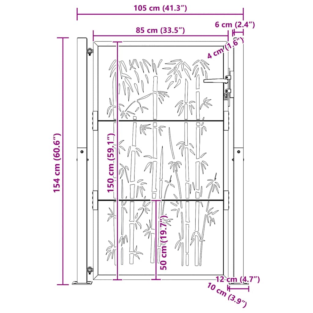 Cancello da giardino 100x150 cm in acciaio Corten con design in bambù
