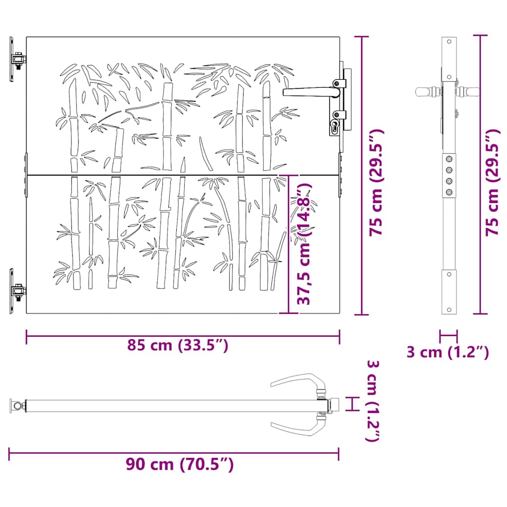 Cancello da giardino 85x75 cm in acciaio Corten con design tagliato al laser e bambù