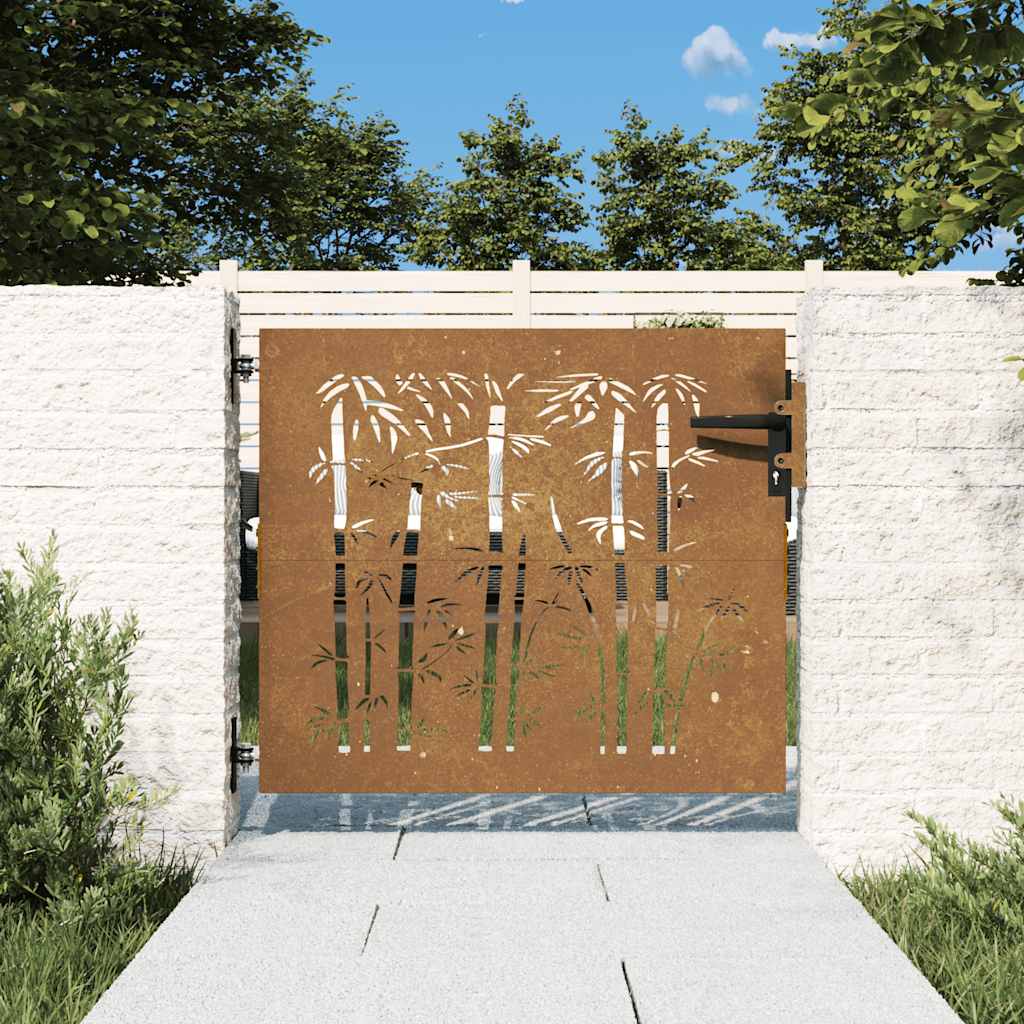 Cancello da giardino 85x75 cm in acciaio Corten con design tagliato al laser e bambù