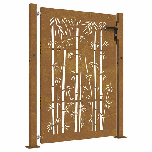 Cancello da giardino 100x125 cm in acciaio Corten con design laser e bambù