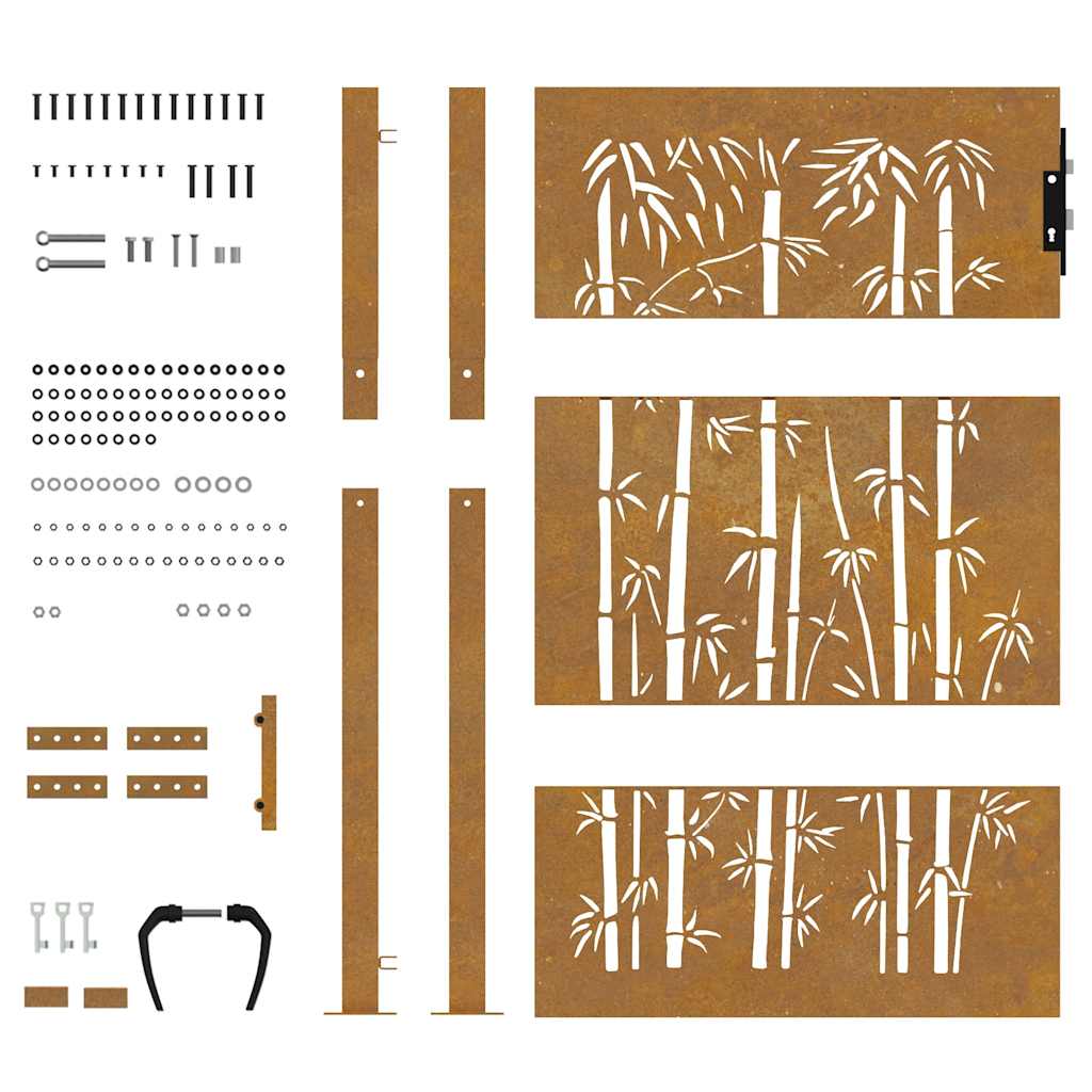 Cancello da giardino 100x125 cm in acciaio Corten con design laser e bambù