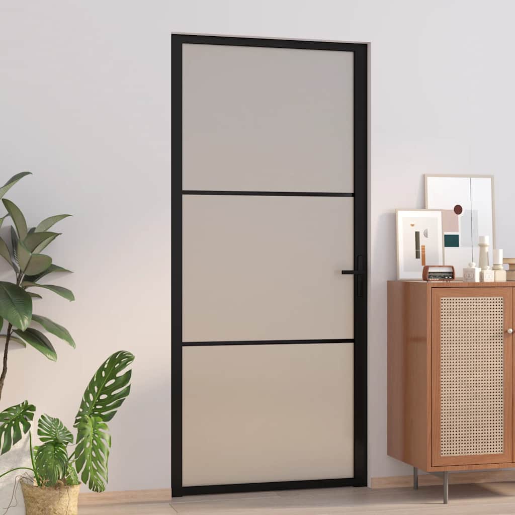 Porta Interna 93x201,5 cm Nero Opaco Vetro Temperato e Alluminio